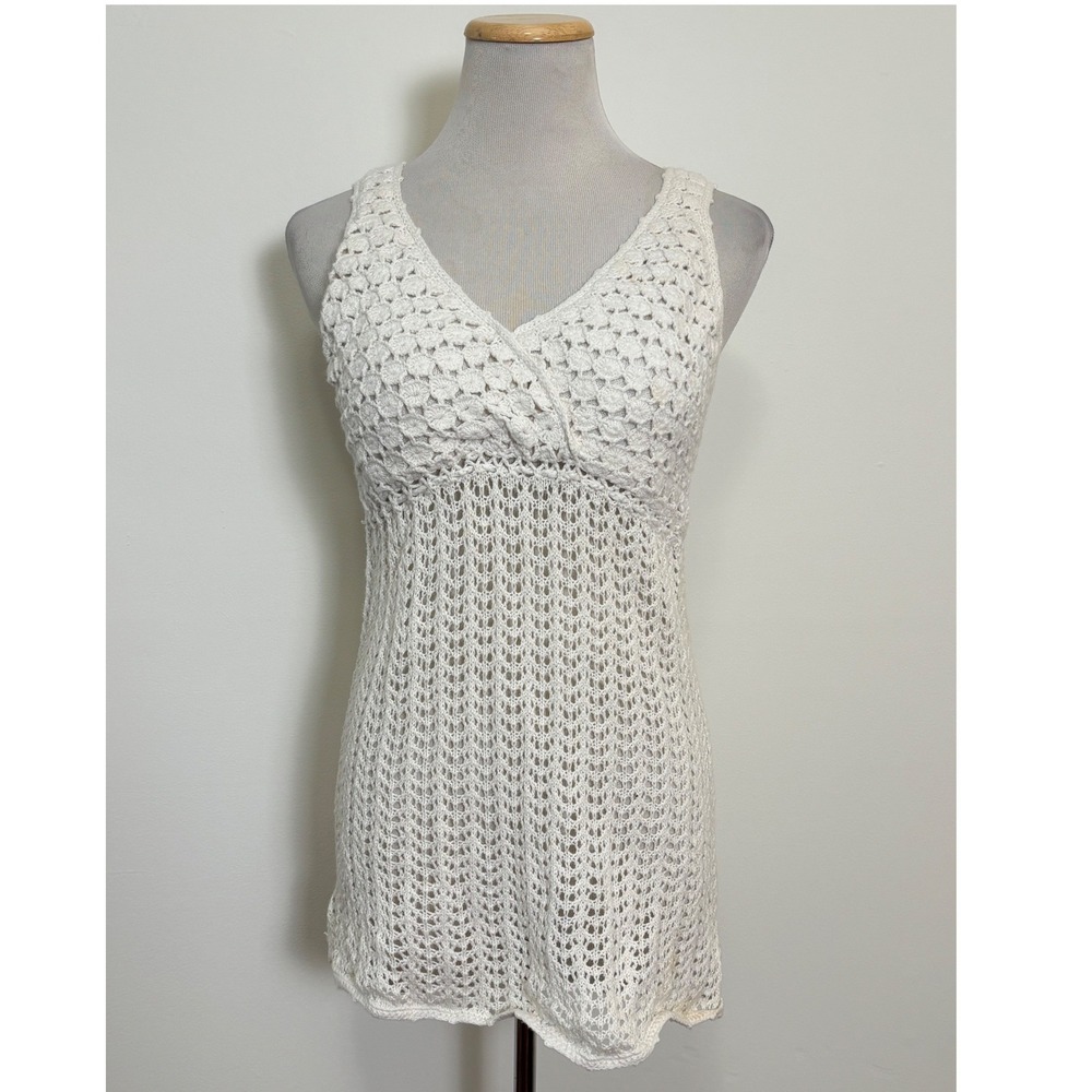 Cato Womens Babydoll Crochet Knit Tank Top M White Ramie Cotton Boho Festival